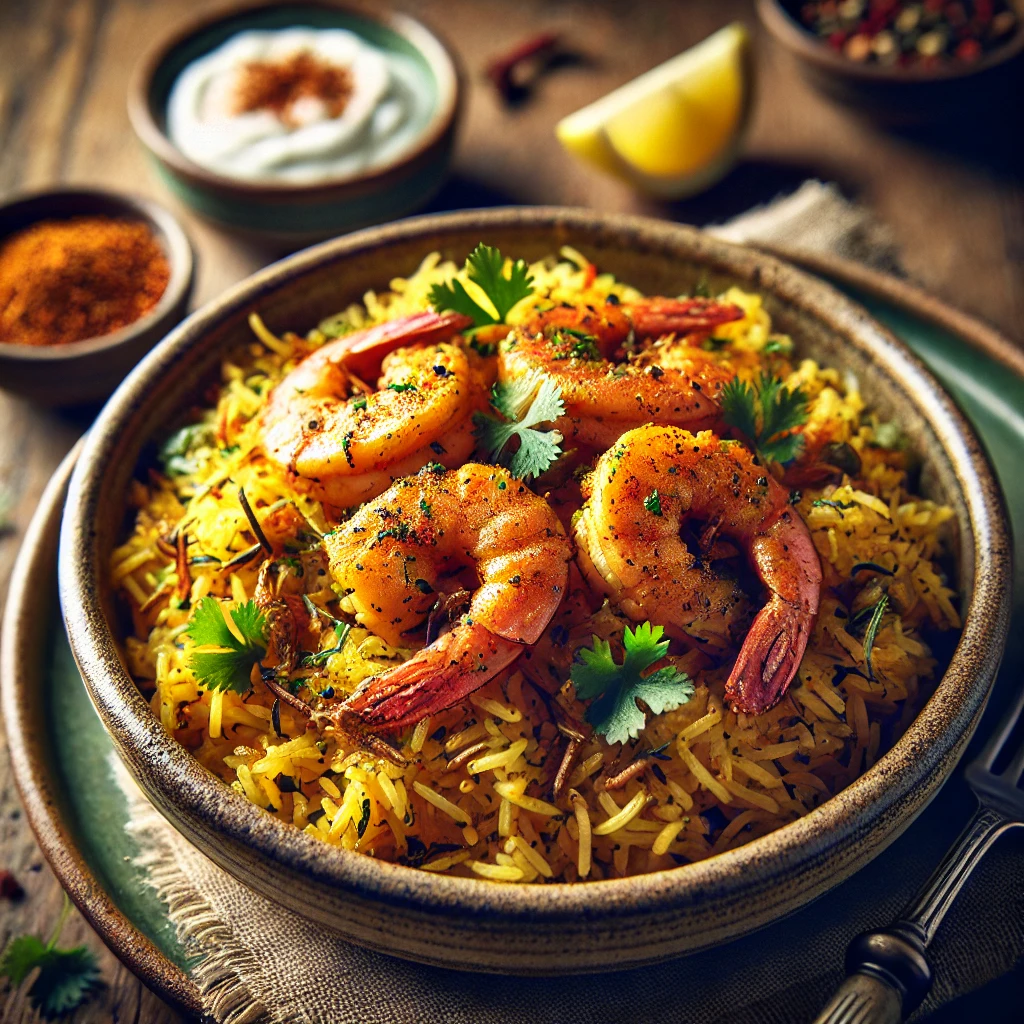 A beautifully plated Prawn Pullao, featuring fragrant long-grain rice cooked with turmeric, garam masala, and fresh coriander. The dish is topped with tender, spiced prawns and garnished with fresh herbs. The pullao is served in a rustic ceramic bowl, accompanied by a side of yogurt and a wedge of lemon. The bowl rests on a wooden table, with soft, warm lighting enhancing the inviting and flavorful presentation.