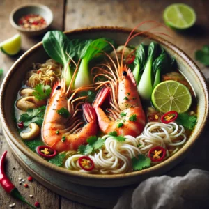 A beautifully plated bowl of Prawn & Noodle Soup, featuring a rich, aromatic broth infused with ginger, garlic, and lemongrass. The soup is filled with plump, pink prawns, delicate rice noodles, and vibrant vegetables like bok choy and red chili slices. It is served in a rustic ceramic bowl, garnished with fresh cilantro, lime wedges, and a drizzle of sesame oil. The bowl rests on a wooden table with soft, natural lighting enhancing the warm and comforting presentation.