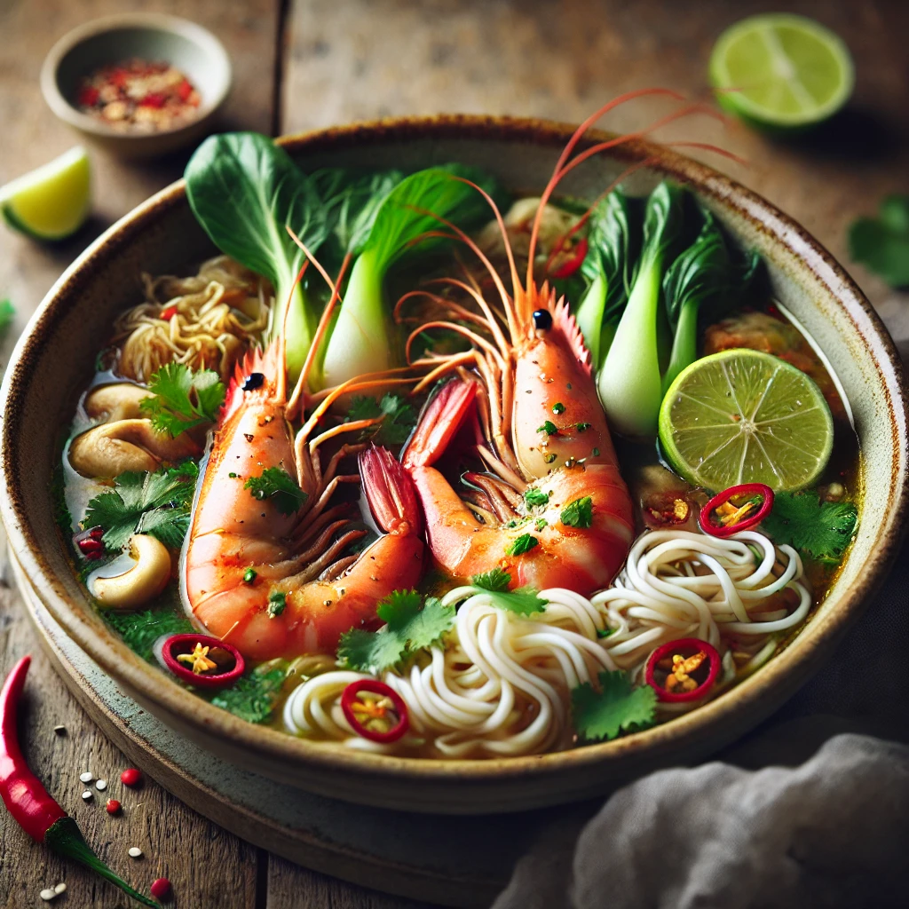 A beautifully plated bowl of Prawn & Noodle Soup, featuring a rich, aromatic broth infused with ginger, garlic, and lemongrass. The soup is filled with plump, pink prawns, delicate rice noodles, and vibrant vegetables like bok choy and red chili slices. It is served in a rustic ceramic bowl, garnished with fresh cilantro, lime wedges, and a drizzle of sesame oil. The bowl rests on a wooden table with soft, natural lighting enhancing the warm and comforting presentation.