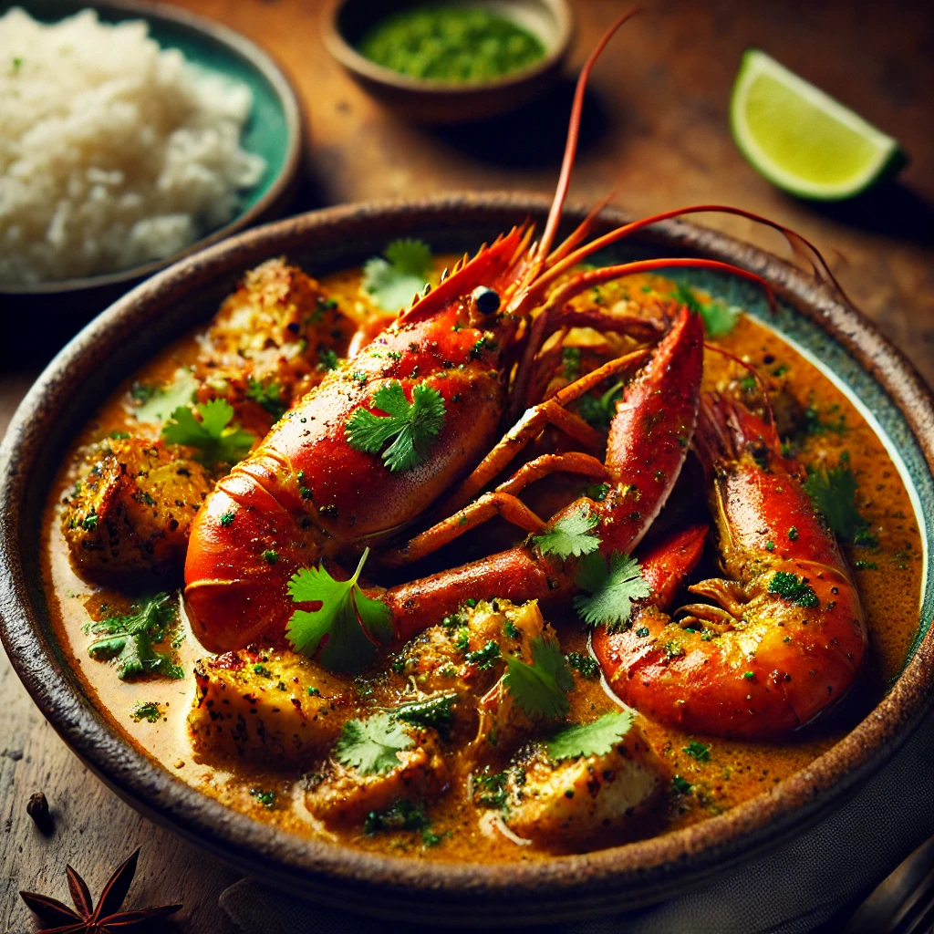 Here is the Kerala-style Prawns, Crab, or Lobster dish, beautifully presented with rich, spiced coconut-based sauce, garnished with fresh cilantro, and served alongside steamed rice and lime wedges. Let me know if you'd like any adjustments!