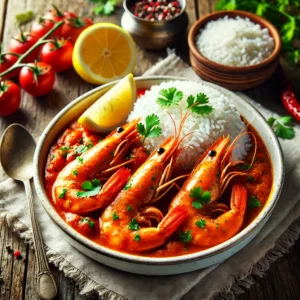 A beautifully plated dish of Prawns in Tomato Cream Sauce, served in a white ceramic bowl on a rustic wooden table. The rich, orange-red sauce coats the succulent prawns, garnished with fresh coriander and a lemon wedge. A side of steaming white rice sits in a separate dish, with a spoon resting beside it. The warm wooden table and soft background blur enhance the inviting presentation