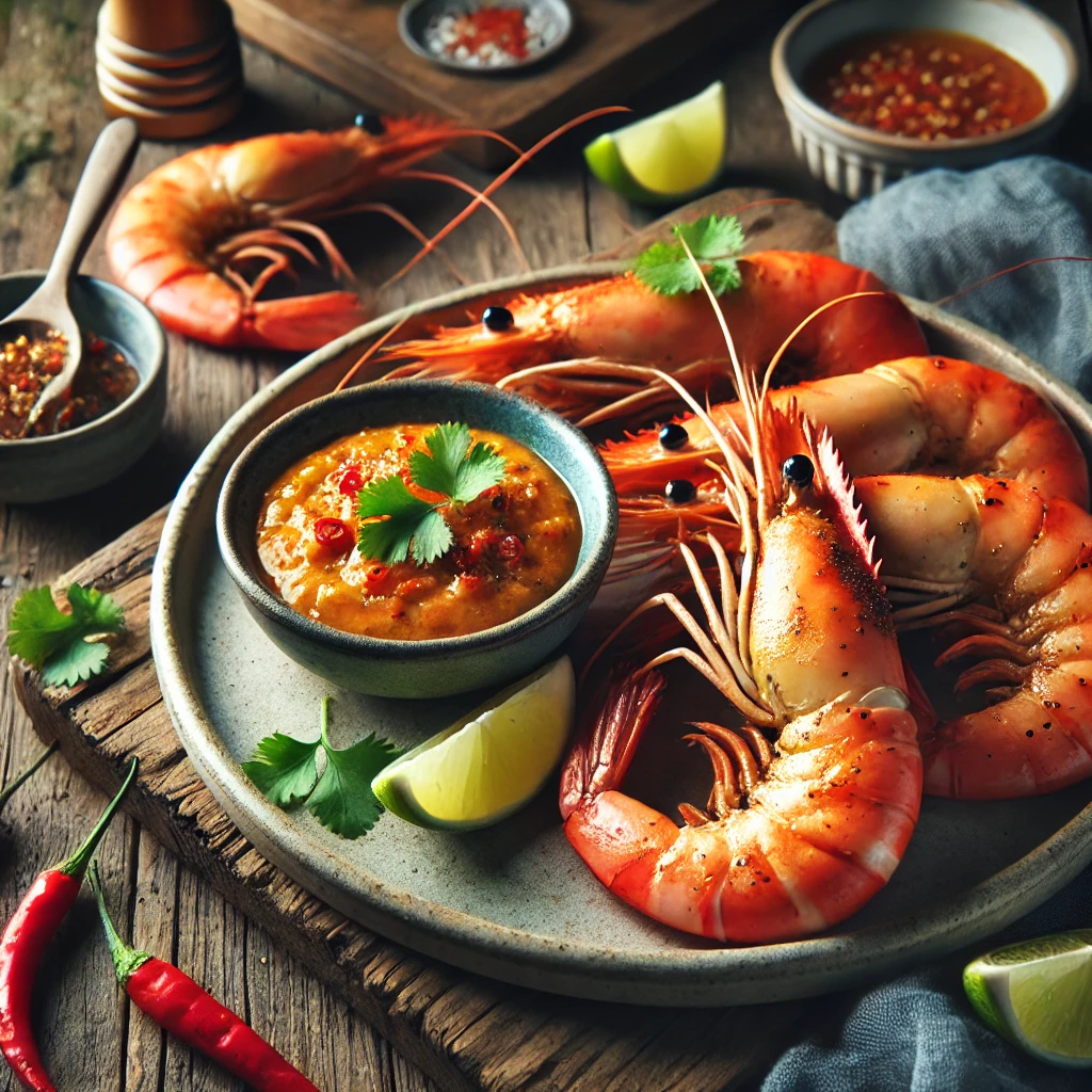 Plump, grilled prawns with a slight char, served with a smooth, spicy chili-infused dipping sauce, garnished with fresh cilantro and a lime wedge.