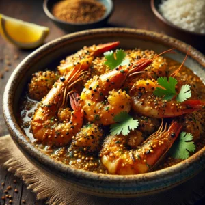 A beautifully plated dish of Prawns with Crushed Mustard Seeds, featuring tender prawns coated in a rich, golden mustard seed sauce. The dish has a slightly grainy texture from the crushed mustard seeds and is infused with warm spices. It is garnished with fresh coriander and served in a rustic ceramic bowl. A side of steamed rice and lemon wedges accompany the dish. The bowl rests on a wooden table, with soft, warm lighting enhancing the inviting and flavorful presentation.