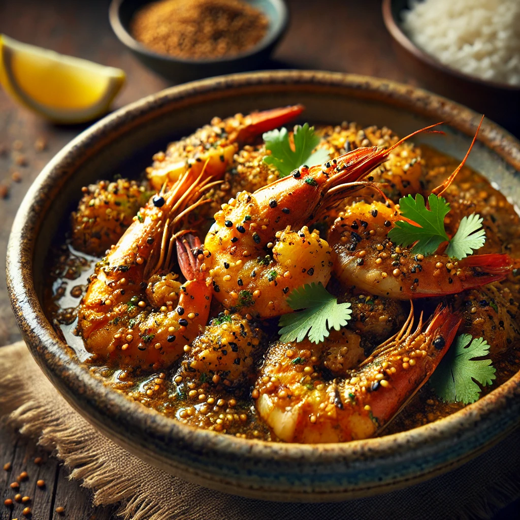 A beautifully plated dish of Prawns with Crushed Mustard Seeds, featuring tender prawns coated in a rich, golden mustard seed sauce. The dish has a slightly grainy texture from the crushed mustard seeds and is infused with warm spices. It is garnished with fresh coriander and served in a rustic ceramic bowl. A side of steamed rice and lemon wedges accompany the dish. The bowl rests on a wooden table, with soft, warm lighting enhancing the inviting and flavorful presentation.