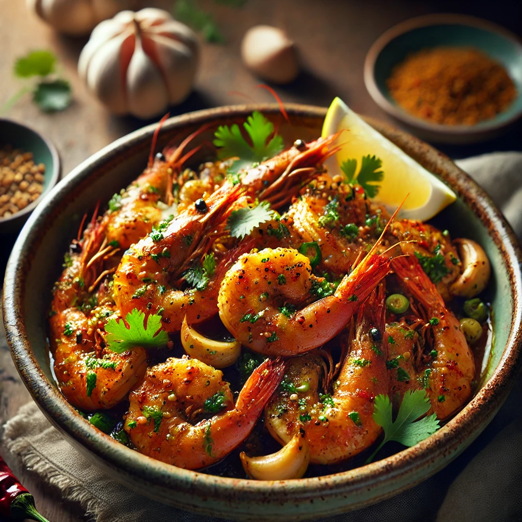 A beautifully plated dish of Prawns with Garlic and Chillies, featuring golden, stir-fried prawns coated in a rich blend of turmeric, chili powder, and mustard seeds. The dish is garnished with finely chopped fresh coriander and thin slices of green chili for a vibrant contrast. The prawns are served in a rustic ceramic bowl, accompanied by a side of lemon wedges. The bowl sits on a wooden table, with soft, warm lighting enhancing the inviting and flavorful presentation.