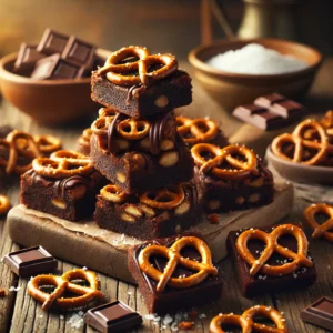 A rustic presentation of pretzel brownie bars, elegantly arranged on a wooden table. The bars have a rich, fudgy chocolate brownie base layered with crunchy pretzels and a smooth chocolate drizzle. Some bars are stacked on a wooden cutting board, while others are cut into squares to showcase the salty-sweet combination. Scattered around are whole and broken pretzels, chocolate chunks, and a sprinkle of sea salt. Soft natural lighting enhances the warm and indulgent feel, with gentle shadows and a hint of greenery in the background.