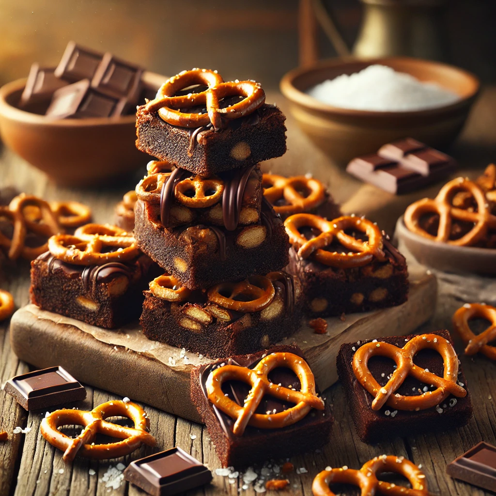 A rustic presentation of pretzel brownie bars, elegantly arranged on a wooden table. The bars have a rich, fudgy chocolate brownie base layered with crunchy pretzels and a smooth chocolate drizzle. Some bars are stacked on a wooden cutting board, while others are cut into squares to showcase the salty-sweet combination. Scattered around are whole and broken pretzels, chocolate chunks, and a sprinkle of sea salt. Soft natural lighting enhances the warm and indulgent feel, with gentle shadows and a hint of greenery in the background.