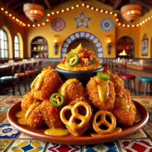 Pretzel-crusted chicken bites with spicy mustard sauce, served in a Mexican-inspired setting with colorful tiles.