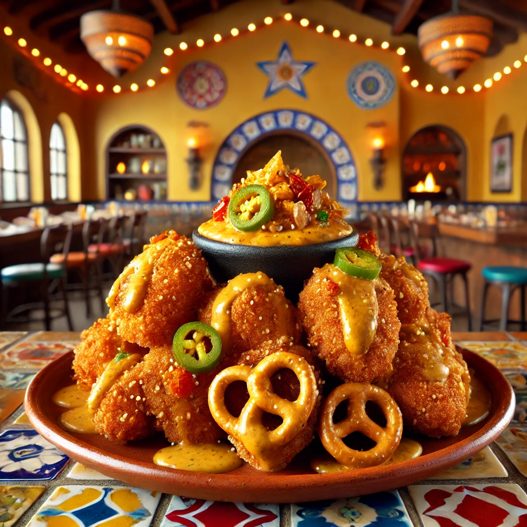 Pretzel-crusted chicken bites with spicy mustard sauce, served in a Mexican-inspired setting with colorful tiles.