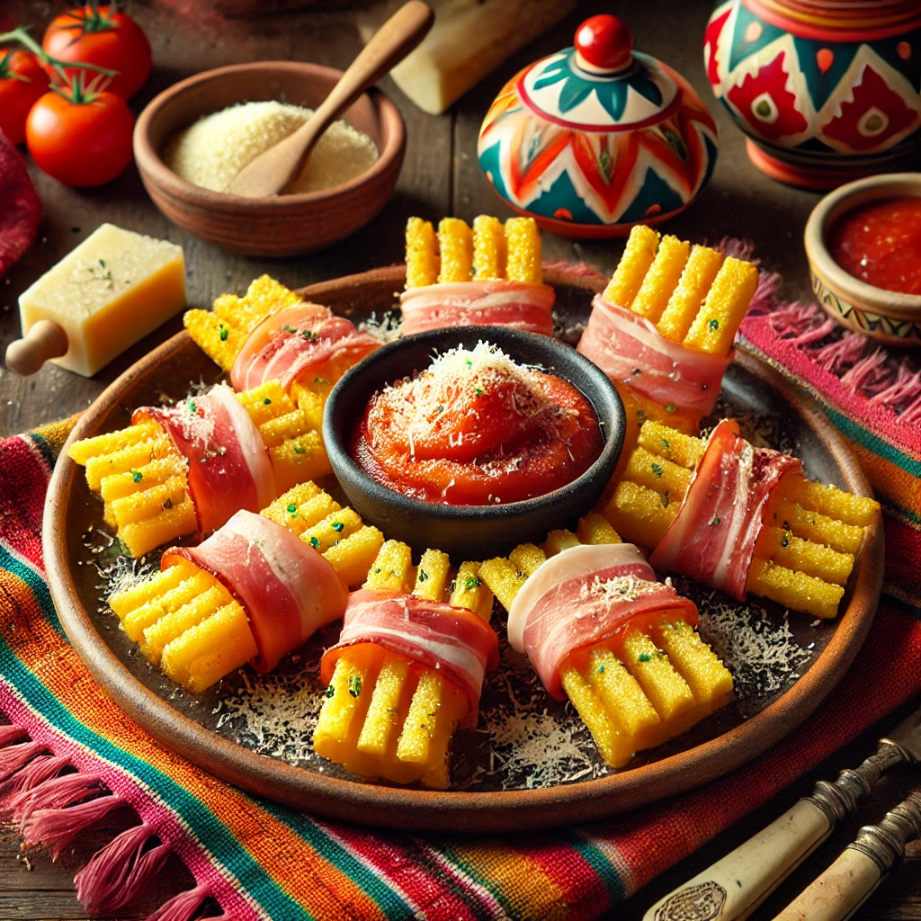 Golden, crispy polenta chips wrapped in prosciutto and lightly topped with grated Parmesan, arranged on a colorful Mexican-style ceramic platter. A small bowl of tomato ketchup for dipping is placed nearby, surrounded by festive Mexican textiles and pottery. Warm natural lighting enhances the crispy textures and vibrant colors, creating an inviting appetizer presentation.