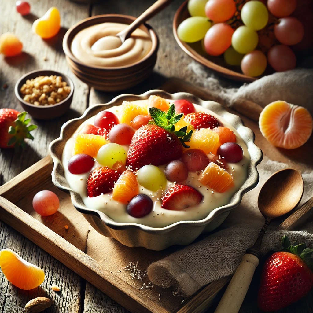 A rustic presentation of pudding fruit salad, elegantly arranged on a wooden table. The dish features a creamy vanilla pudding base mixed with an assortment of fresh fruits such as strawberries, grapes, pineapple chunks, and mandarin oranges. A light dusting of shredded coconut and a few mint leaves garnish the top. The salad is served in a ceramic bowl, with a wooden spoon resting inside. Scattered around are whole fruits, a small dish of extra pudding, and a sprinkle of chopped nuts. Soft natural lighting enhances the fresh and inviting feel, with gentle shadows and a hint of rustic kitchen charm in the background.