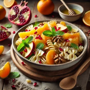 A rustic presentation of winter fruit pasta salad, elegantly arranged on a wooden table. The dish features al dente pasta tossed with a mix of seasonal fruits like pomegranate seeds, orange slices, and crisp apples. A light citrus dressing glistens on the pasta, garnished with fresh mint leaves and a sprinkle of toasted nuts. The salad is served in a ceramic bowl, with a wooden spoon resting inside. Scattered around are whole fruits, extra mint leaves, and a small dish of dressing. Soft natural lighting enhances the fresh and festive feel, with gentle shadows and a hint of rustic kitchen charm in the background.