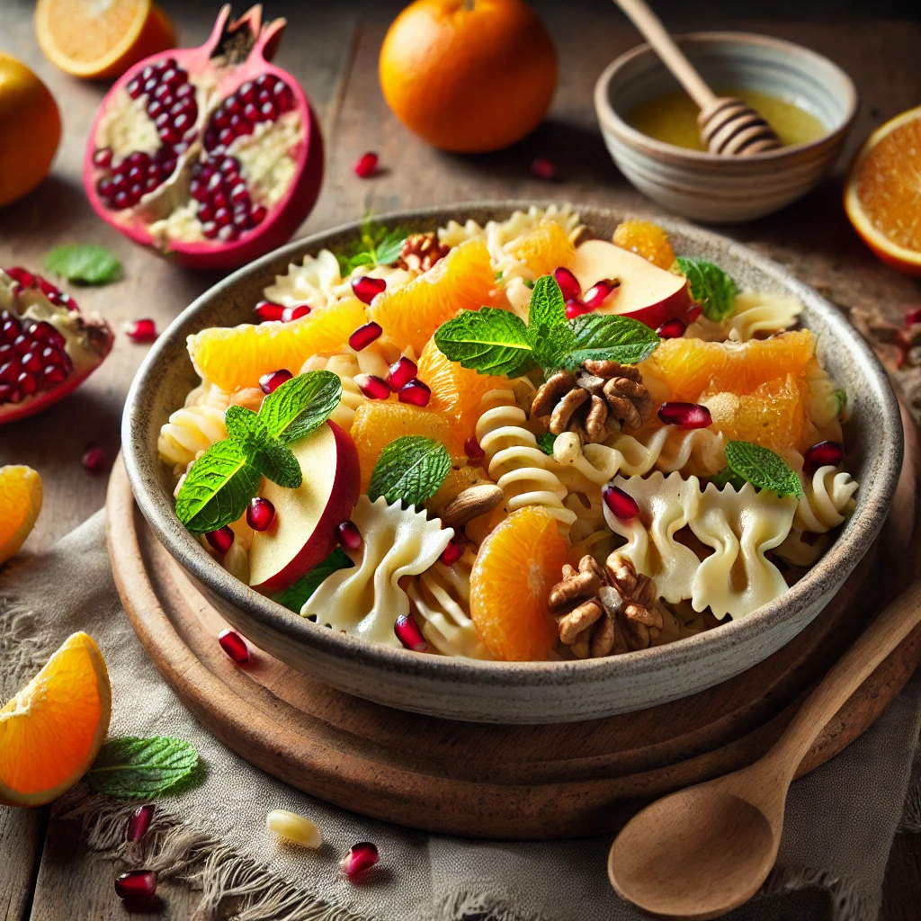 A rustic presentation of winter fruit pasta salad, elegantly arranged on a wooden table. The dish features al dente pasta tossed with a mix of seasonal fruits like pomegranate seeds, orange slices, and crisp apples. A light citrus dressing glistens on the pasta, garnished with fresh mint leaves and a sprinkle of toasted nuts. The salad is served in a ceramic bowl, with a wooden spoon resting inside. Scattered around are whole fruits, extra mint leaves, and a small dish of dressing. Soft natural lighting enhances the fresh and festive feel, with gentle shadows and a hint of rustic kitchen charm in the background.