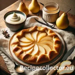 Rustic pear galette with flaky golden crust, served with vanilla pudding on a ceramic plate, styled on a wooden table in cozy winter lighting.