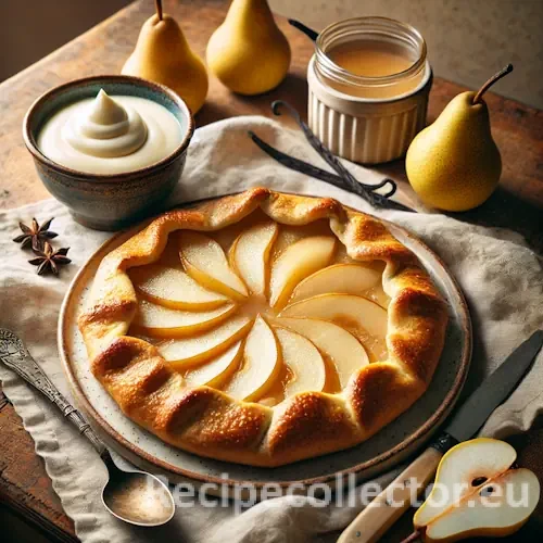 Rustic pear galette with flaky golden crust, served with vanilla pudding on a ceramic plate, styled on a wooden table in cozy winter lighting.