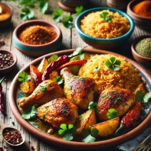 A vibrant and inviting presentation of Puerto Rican Style Chicken, featuring golden, tender chicken pieces seasoned with traditional Puerto Rican spices and garnished with fresh cilantro. Served alongside a side of rice and colorful roasted vegetables, the dish is arranged on a rustic ceramic plate set on a wooden table. Small bowls of spices like adobo and sazón add a touch of authenticity, with soft natural lighting emphasizing the tropical flavors and textures of the meal.
