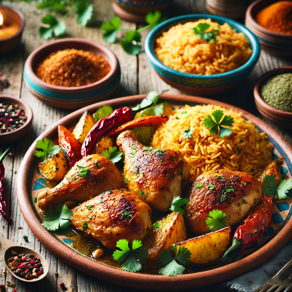 A vibrant and inviting presentation of Puerto Rican Style Chicken, featuring golden, tender chicken pieces seasoned with traditional Puerto Rican spices and garnished with fresh cilantro. Served alongside a side of rice and colorful roasted vegetables, the dish is arranged on a rustic ceramic plate set on a wooden table. Small bowls of spices like adobo and sazón add a touch of authenticity, with soft natural lighting emphasizing the tropical flavors and textures of the meal.