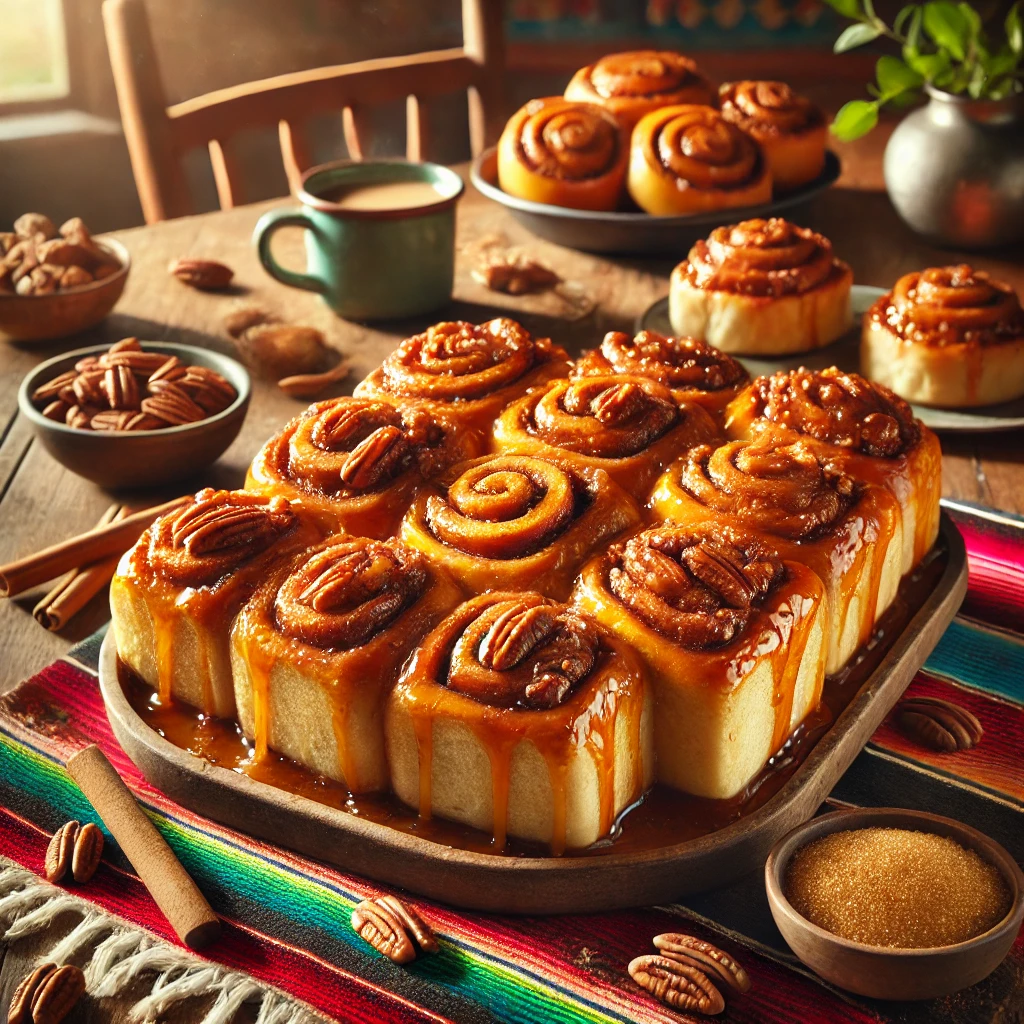 A warm and inviting scene featuring Pull-Apart Cinnamon Sticky Buns arranged on a rustic wooden platter. The golden-brown buns are topped with a rich caramel glaze and sprinkled with chopped pecans. The setup includes a colorful Mexican-style tablecloth, a small dish of cinnamon sugar, a bowl of pecans, and a cup of coffee, illuminated by bright natural light to enhance the gooey and indulgent texture, creating a festive atmosphere.