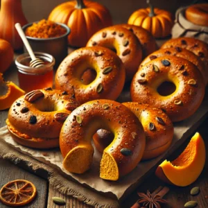 A batch of freshly baked Pumpkin Bagels with a golden-orange hue and a chewy, slightly glossy crust. The bagels are infused with warm spices like cinnamon and nutmeg, giving them a cozy autumnal aroma. They are arranged on a rustic wooden table, with a few sliced open to reveal their soft, pumpkin-infused interior. Some bagels are topped with raisins, chopped pecans, or chocolate chips for extra texture and flavor. A small dish of cinnamon-maple butter, a drizzle of honey, and a few pumpkin slices complete the inviting presentation. Warm, natural lighting enhances the cozy, homemade feel.