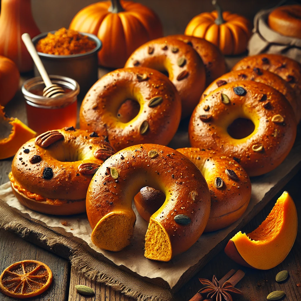 A batch of freshly baked Pumpkin Bagels with a golden-orange hue and a chewy, slightly glossy crust. The bagels are infused with warm spices like cinnamon and nutmeg, giving them a cozy autumnal aroma. They are arranged on a rustic wooden table, with a few sliced open to reveal their soft, pumpkin-infused interior. Some bagels are topped with raisins, chopped pecans, or chocolate chips for extra texture and flavor. A small dish of cinnamon-maple butter, a drizzle of honey, and a few pumpkin slices complete the inviting presentation. Warm, natural lighting enhances the cozy, homemade feel.