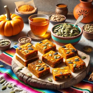 A vibrant and wholesome scene featuring Pumpkin Molasses Energy Bars on a rustic wooden platter. The golden brown bars have a rich molasses glaze and are studded with pumpkin seeds and dried fruit. The setup includes a colorful Mexican-style tablecloth, a small bowl of pumpkin seeds, a cup of herbal tea, and a decorative pumpkin, illuminated by bright natural light to highlight the hearty and inviting appeal.