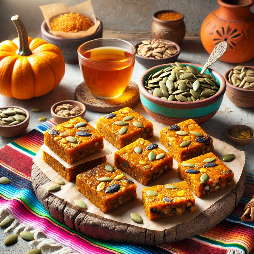 A vibrant and wholesome scene featuring Pumpkin Molasses Energy Bars on a rustic wooden platter. The golden brown bars have a rich molasses glaze and are studded with pumpkin seeds and dried fruit. The setup includes a colorful Mexican-style tablecloth, a small bowl of pumpkin seeds, a cup of herbal tea, and a decorative pumpkin, illuminated by bright natural light to highlight the hearty and inviting appeal.