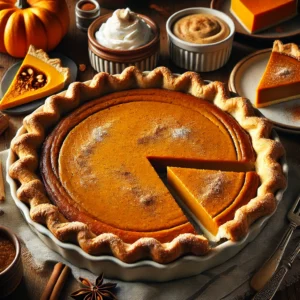 A beautifully baked Pumpkin Pie with a golden, flaky crust and a smooth, rich pumpkin filling, served on a rustic wooden table. The large pie is placed in a ceramic dish, while smaller individual pumpkin tarts are arranged around it. The pies are lightly dusted with powdered sugar and garnished with a sprinkle of cinnamon. A slice is cut out, revealing the creamy, spiced interior. The scene includes fresh pumpkins, a dish of whipped cream, and a linen napkin. Warm, natural lighting enhances the cozy, homemade feel.