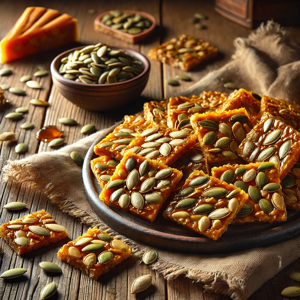 A plate of pumpkin seed brittle with a golden, caramelized base filled with crunchy roasted pumpkin seeds on a rustic wooden table. Some pieces are broken apart to reveal the crisp layers, with whole pumpkin seeds and caramel drizzles scattered around. A cozy napkin and wooden plate enhance the warm, inviting atmosphere.
