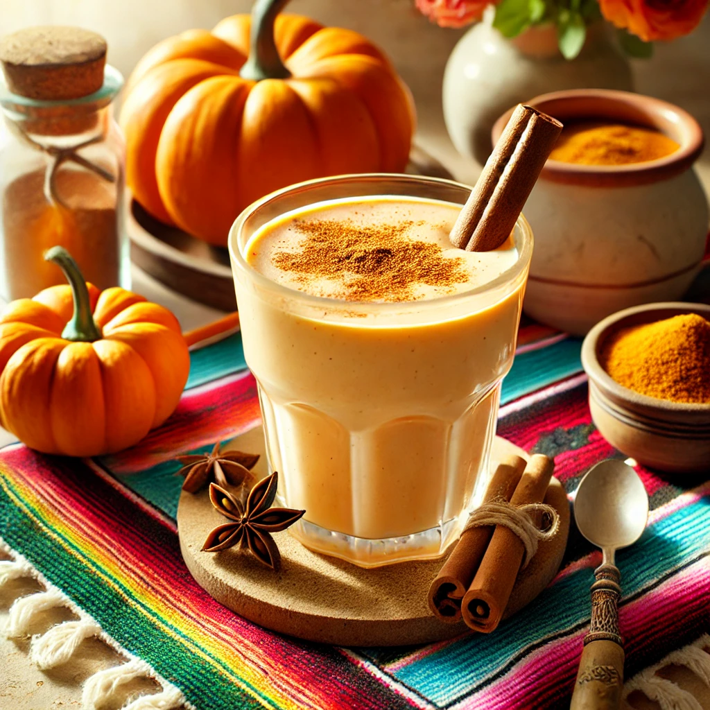 A cozy and vibrant breakfast scene featuring a Pumpkin Spice Yogurt Smoothie in a tall glass, creamy with an orange hue and topped with a sprinkle of pumpkin spice and a cinnamon stick. The setup includes a colorful Mexican-style tablecloth, a small dish of pumpkin spice mix, a decorative pumpkin, and a spoon, illuminated by bright natural light to emphasize the fresh and inviting autumn-inspired appeal.