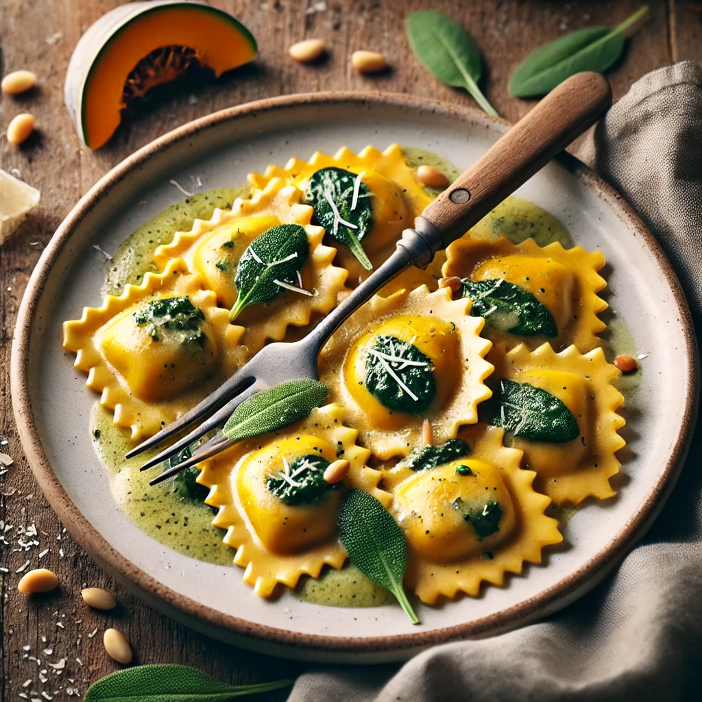 A plate of homemade pumpkin spinach ravioli on a rustic wooden table, drizzled with butter sage sauce and garnished with parmesan shavings and toasted pine nuts. A fork rests on the plate, with fresh sage leaves scattered around. Soft natural lighting enhances the warm, autumnal tones of the dish.