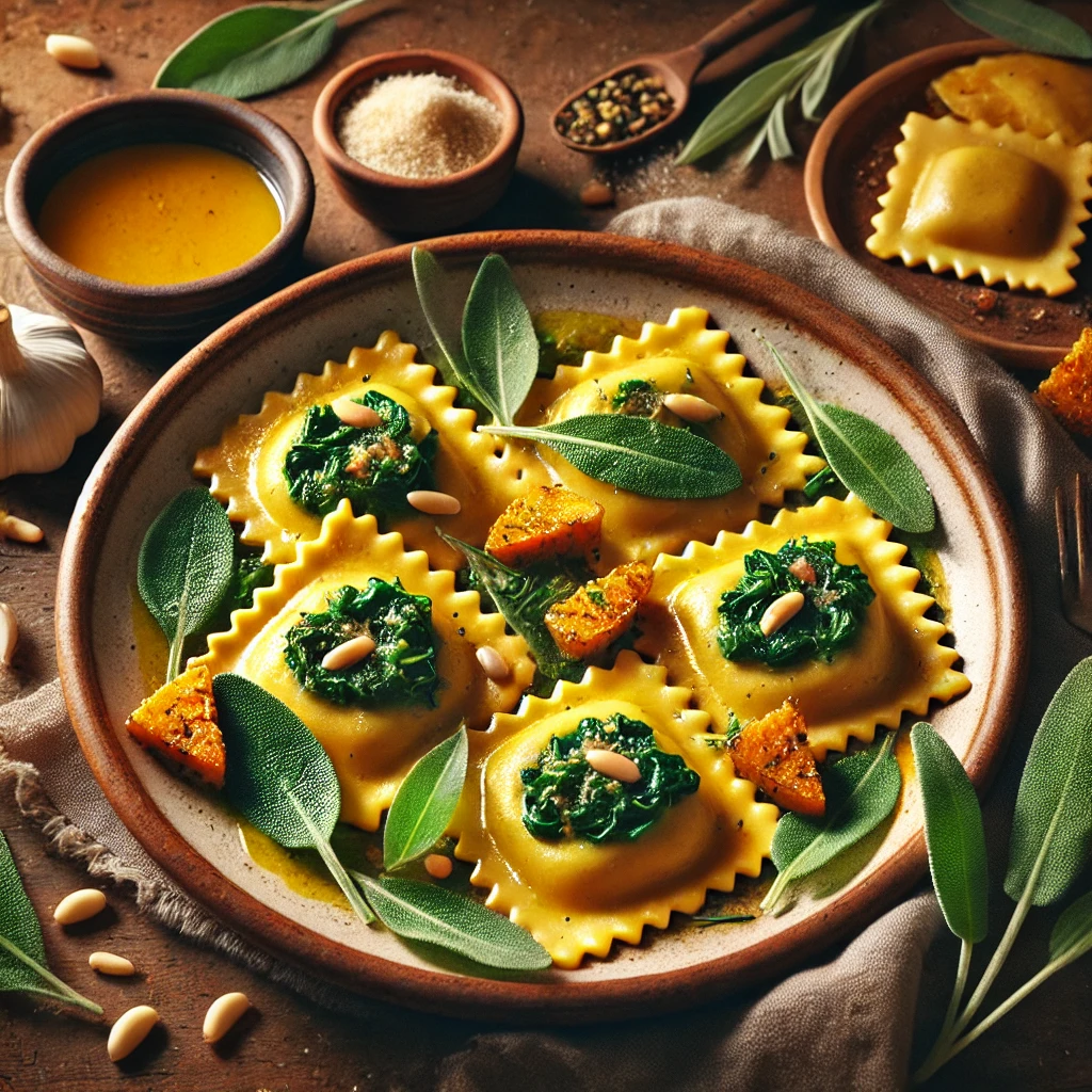 A rustic ceramic plate of Pumpkin Spinach Ravioli, drizzled with sage-infused brown butter, garnished with crispy sage leaves, toasted pine nuts, and vegan Parmesan, served on a wooden table with a bowl of brown butter and fresh sage nearby.