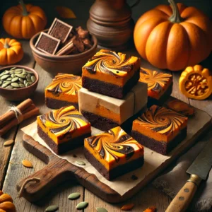 A rustic presentation of pumpkin swirl brownies, elegantly arranged on a wooden table. The brownies have a rich, fudgy chocolate base with vibrant pumpkin swirls creating a marbled effect. Some brownies are stacked on a wooden cutting board, while others are cut into squares to showcase the creamy pumpkin filling. Scattered around are cinnamon sticks, pumpkin seeds, and small chocolate chunks. Soft natural lighting enhances the warm and cozy feel, with gentle shadows and a hint of autumn leaves in the background.