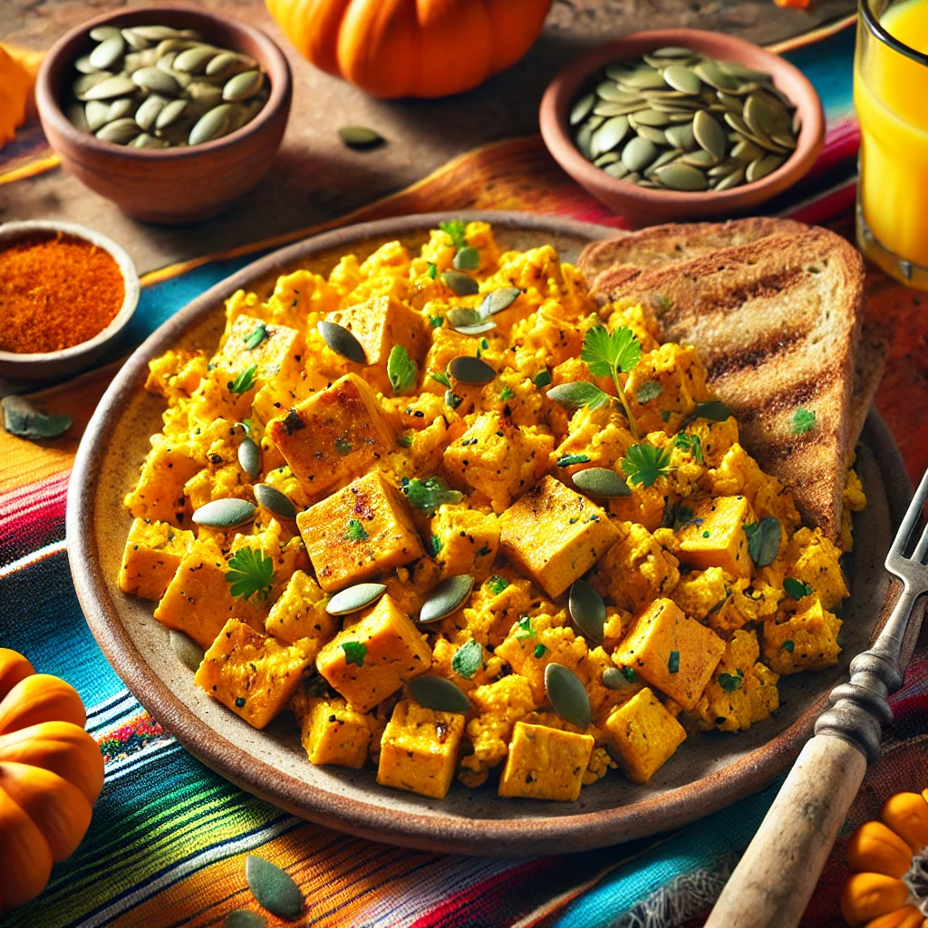 A vibrant and appetizing breakfast scene featuring Pumpkin Tofu Scramble served on a rustic plate. The golden orange scramble includes chunks of tofu, spiced with pumpkin seasoning, and garnished with fresh herbs. The setup includes a colorful Mexican-style tablecloth, a small bowl of pumpkin seeds, a slice of toasted bread, and a glass of orange juice, illuminated by bright natural light to enhance its fresh and wholesome appeal.