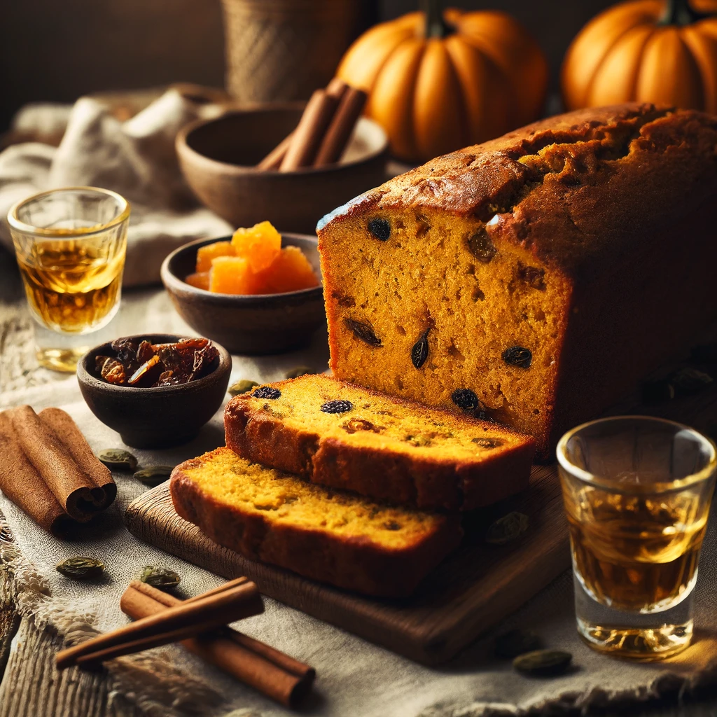 Pumpkin Whiskey Quick Bread, golden brown and sliced to reveal a moist, spiced interior with raisins and candied ginger pieces, displayed on a rustic wooden table. The setup includes a small bowl of pumpkin purée, a shot glass of whiskey, cinnamon sticks, candied ginger, and a linen napkin, styled with soft natural lighting for a cozy, fall-inspired presentation.