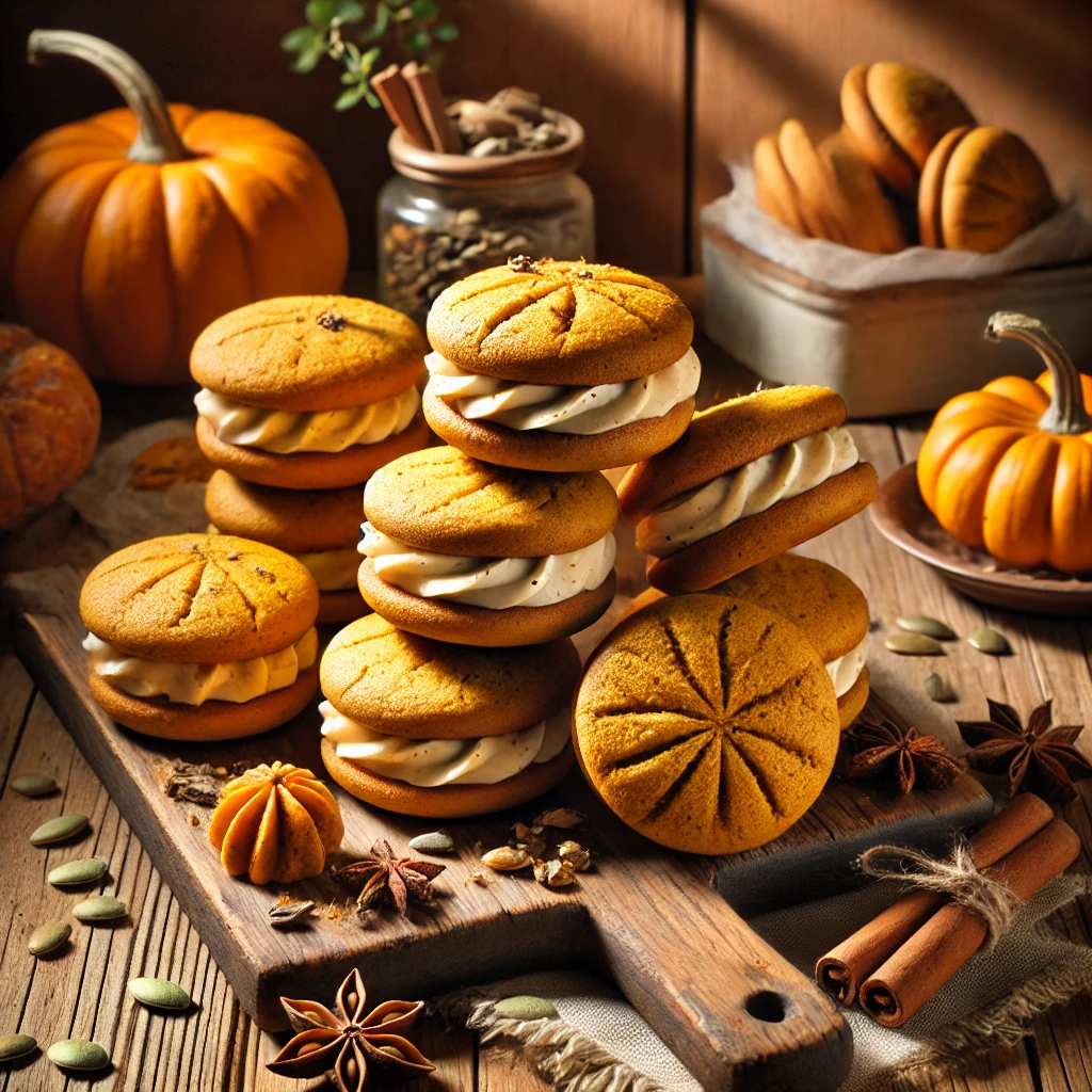 A rustic presentation of pumpkin whoopie pies, elegantly arranged on a wooden table. The whoopie pies have soft, golden-brown pumpkin cookies filled with a creamy spiced frosting. Some are stacked, while others are placed on a wooden cutting board with a few broken open to reveal the rich filling. Whole cinnamon sticks, star anise, and scattered pumpkin seeds add to the autumnal charm. Warm, natural lighting enhances the cozy and inviting atmosphere, with gentle shadows and a hint of greenery in the background.