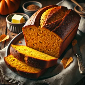 A freshly baked Pumpkin Yeast Bread with a golden-brown, slightly glossy crust and a soft, fluffy interior with a warm orange hue. A few slices are cut to reveal its airy texture, with hints of cinnamon and nutmeg throughout. The bread is presented on a rustic wooden table, accompanied by a small dish of butter, a linen napkin, and a few autumn leaves, with warm natural lighting enhancing the inviting textures and seasonal tones.