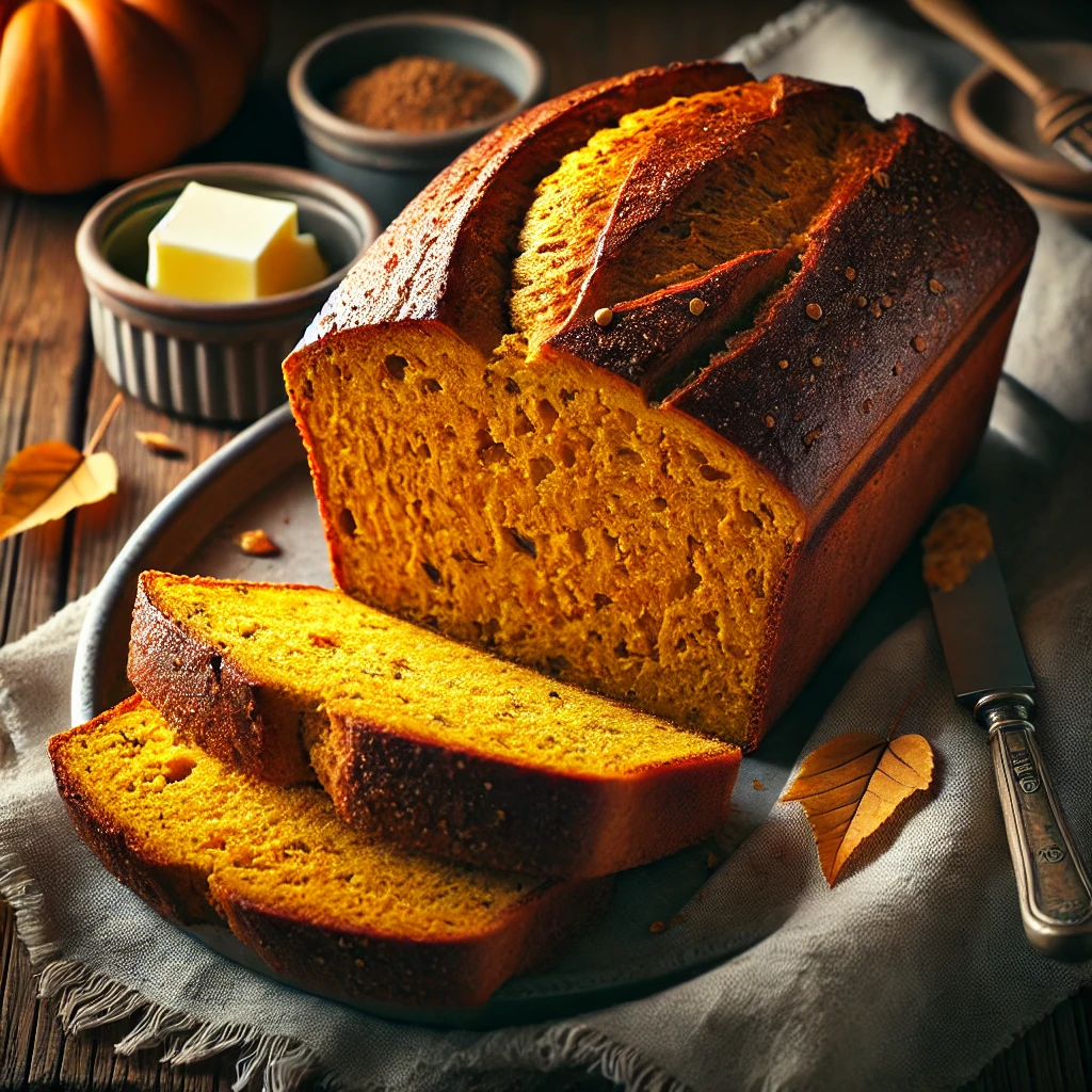 A freshly baked Pumpkin Yeast Bread with a golden-brown, slightly glossy crust and a soft, fluffy interior with a warm orange hue. A few slices are cut to reveal its airy texture, with hints of cinnamon and nutmeg throughout. The bread is presented on a rustic wooden table, accompanied by a small dish of butter, a linen napkin, and a few autumn leaves, with warm natural lighting enhancing the inviting textures and seasonal tones.