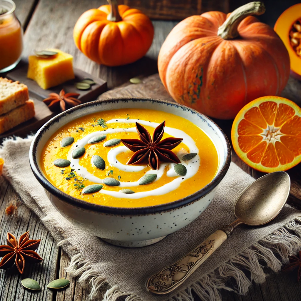 A bowl of golden-orange pumpkin, orange, and star anise soup on a rustic wooden table, garnished with a swirl of cream, pumpkin seeds, and a whole star anise. A fresh orange slice rests beside the bowl, with whole and sliced pumpkins, rustic bread, and scattered star anise surrounding the scene. Soft natural light enhances the warm and cozy atmosphere