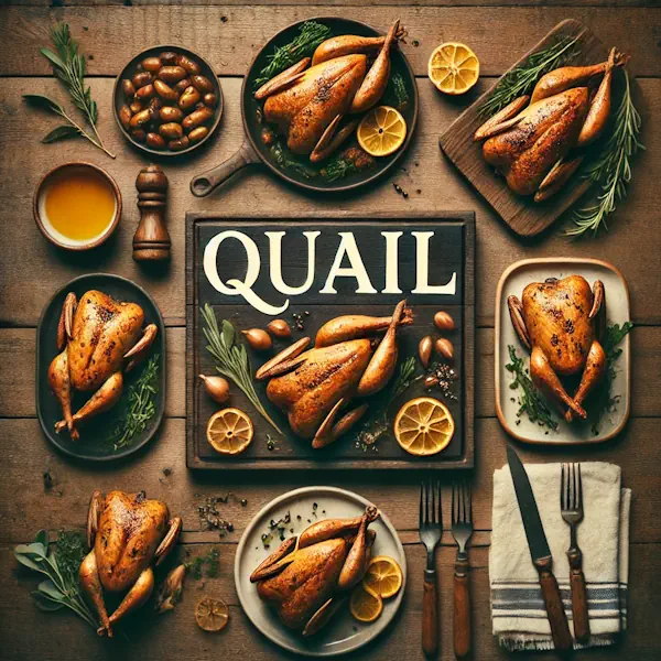 A rustic flat lay of quail on a medium-dark wooden table with horizontal planks. The scene includes whole roasted quail and quail portions arranged on a wooden board with garnishes such as herbs, lemon slices, and vegetables. At the top, the word 'QUAIL' is written in large cream-colored serif letters, centered and clearly visible.