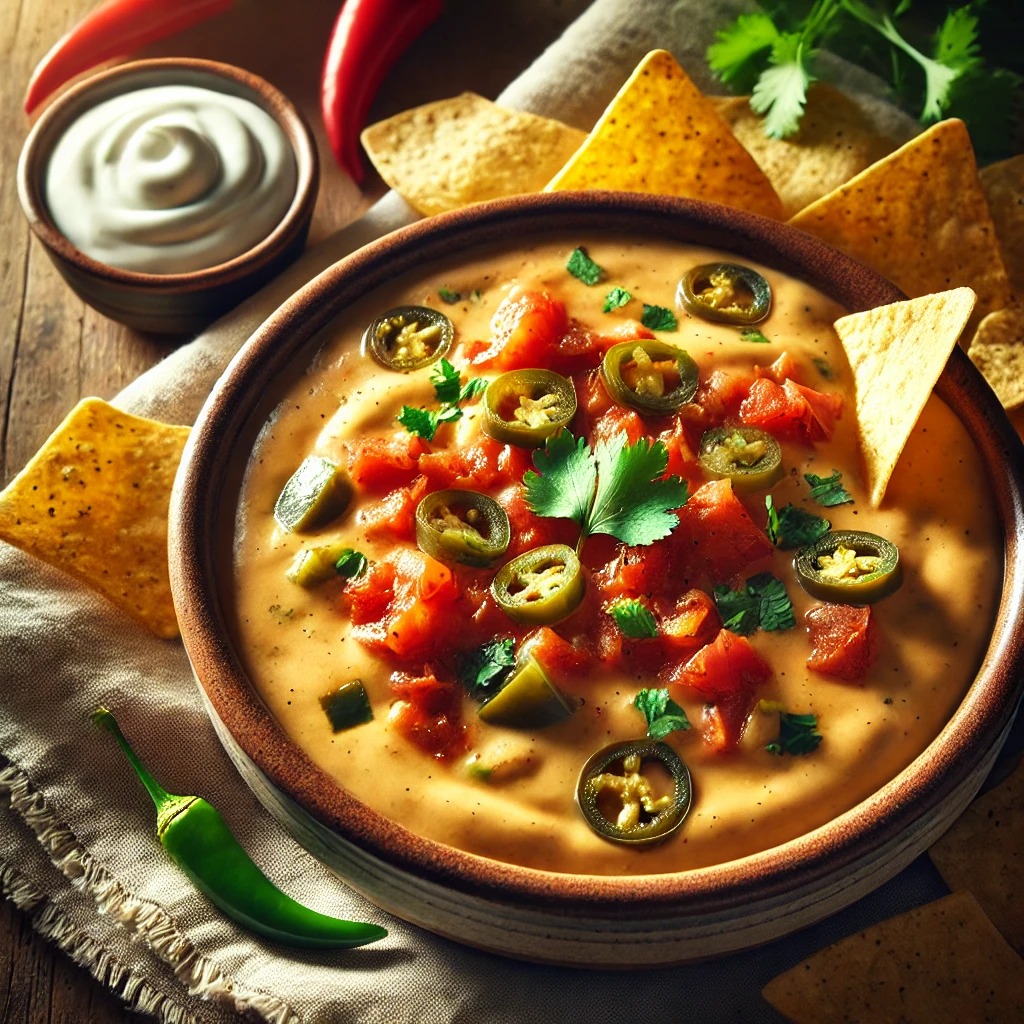 A warm and creamy bowl of Queso con Chile, featuring a smooth, melted cheese dip with chunks of tomatoes and green chiles. The queso has a rich golden hue with a slightly spicy kick from the pepper jack cheese. It is served in a rustic ceramic bowl on a wooden table, accompanied by crispy tortilla chips, a small dish of extra sour cream, and fresh cilantro. Warm, natural lighting highlights the inviting textures and rich colors.