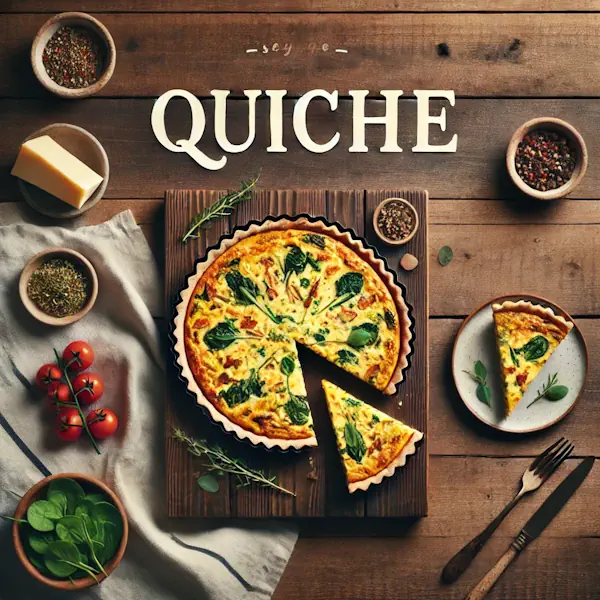A rustic flat lay of quiche on a medium-dark wooden table with horizontal planks. The scene shows a whole quiche and slices with fillings like spinach, cheese, ham, or vegetables, arranged on a wooden board with herb garnish. At the top, the word 'QUICHE' is written in large cream-colored serif letters, centered and clearly visible.