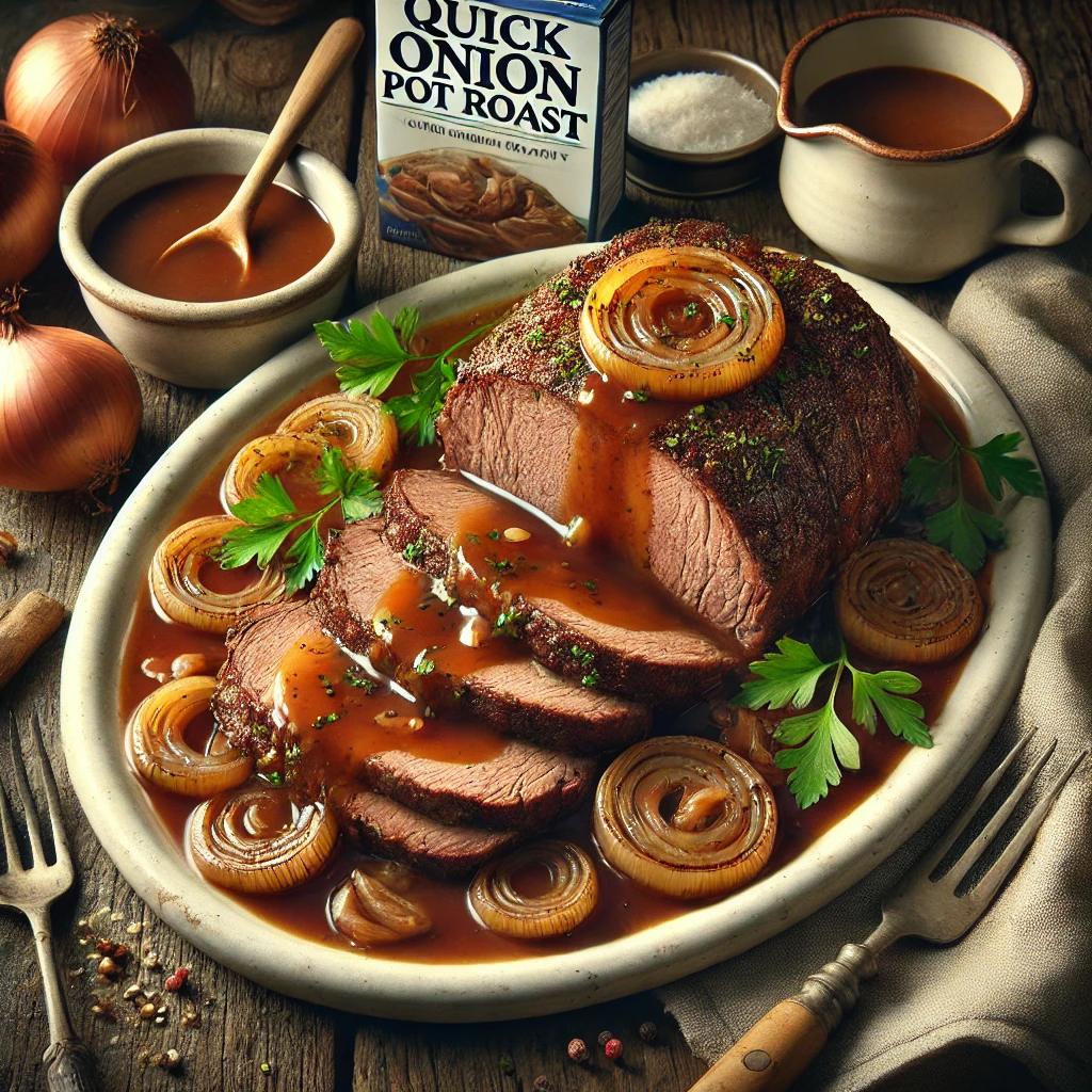 A white ceramic platter of quick onion pot roast sits on a rustic wooden table. The pot roast is tender and sliced, drizzled with a rich brown onion gravy, and garnished with fresh parsley. A small bowl of gravy accompanies the dish, along with a folded linen napkin and rustic props like an onion soup mix packet and a wooden spoon. Soft natural light highlights the glossy gravy and the juicy texture of the meat, creating a hearty and comforting presentation.