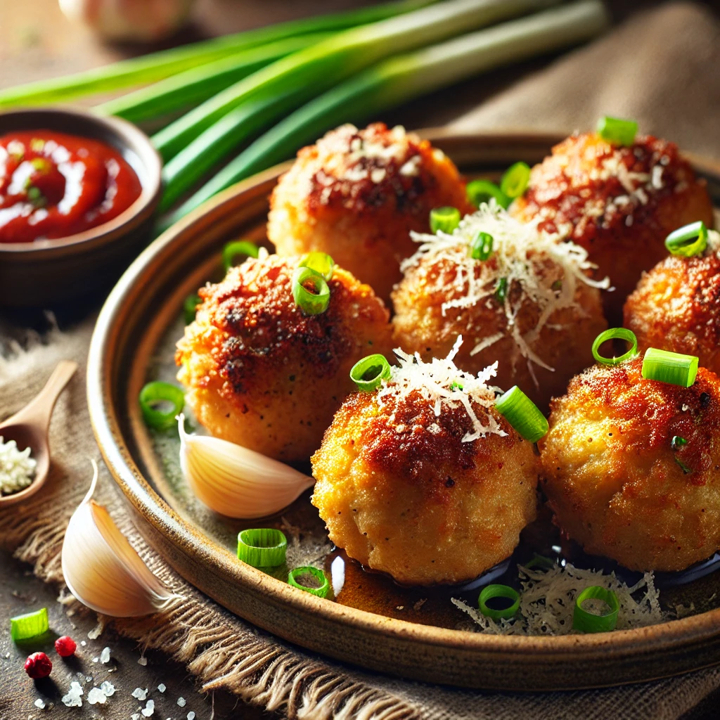 A close-up plate of golden-brown pork and parmesan meatballs, topped with freshly grated parmesan and garnished with chopped spring onions. A small bowl of dipping sauce is placed nearby. The background includes a rustic wooden surface and sprigs of fresh herbs, with warm lighting highlighting the crispy, inviting texture of the meatballs.