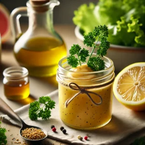 Quick and simple salad dressing in a glass jar with olive oil, lemon juice, Dijon mustard, and honey, garnished with black pepper and parsley, surrounded by salad greens and lemon slices on a wooden table.