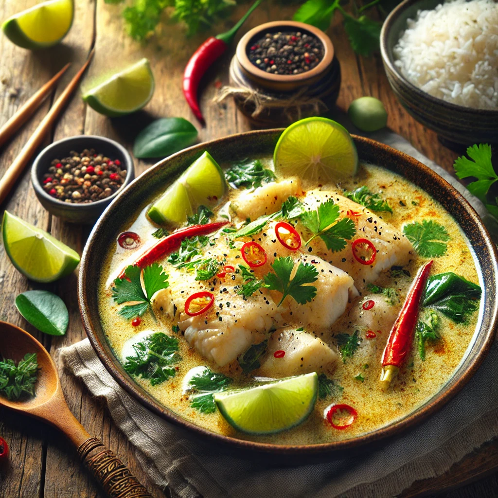 A rustic bowl of Quick Thai Coconut Fish, featuring tender fish fillets simmered in a creamy coconut sauce, garnished with fresh cilantro, sliced red chilies, and lime wedges. The dish is served with a side of steamed jasmine rice, chopsticks, and a small bowl of soy sauce on a wooden table, with bright natural lighting emphasizing the tropical and aromatic appeal.