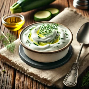 Ultra-sharp image of creamy zucchini yogurt sauce with grated zucchini, garnished with fresh dill and a drizzle of olive oil. Served in a small white ceramic bowl on a rustic wooden dining table with spoon and linen napkin, captured in bright natural light.