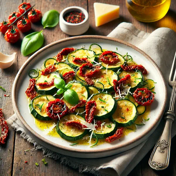Ultra-sharp image of sautéed zucchini slices mixed with sun-dried tomatoes, basil, and parsley. Garnished with olive oil drizzle and Parmesan shavings, served on a white ceramic plate on a rustic wooden dining table with fork and linen napkin, captured in bright natural light.