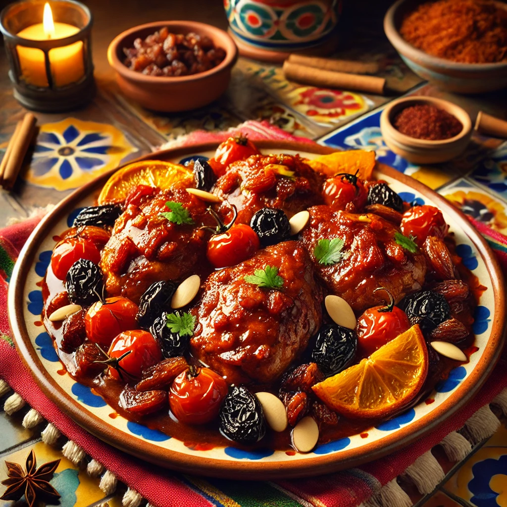 Quick and easy chicken mole with rich sauce, garnished with toasted almonds and orange peel, served on a colorful Mexican-style plate.