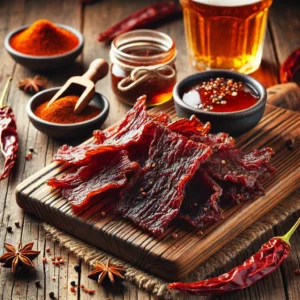 A rustic and appetizing display of homemade beef jerky, featuring thinly sliced strips of dried beef seasoned with tamari sauce, chili powder, and honey. The jerky is arranged on a wooden board with small bowls of ancho chili powder and tamari sauce, accompanied by a glass of beer. The warm wooden table and soft natural lighting emphasize the rich texture and color, creating an inviting and homemade aesthetic.