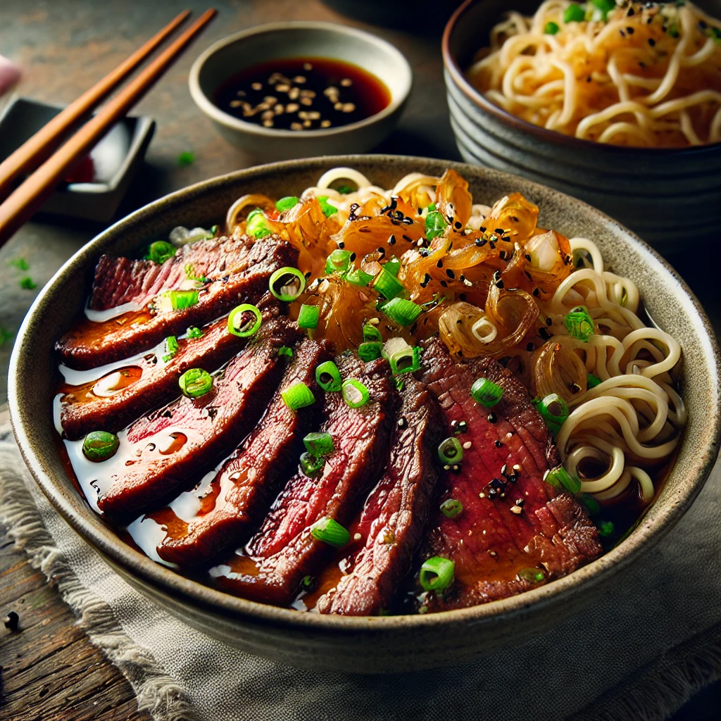 A delicious Asian Gyudon dish served in a bowl, featuring thinly sliced rib eye cooked in a savory dashi-based sauce with mirin, shoyu, and a hint of wasabi. The dish is garnished with chopped shallots and accompanied by Japanese ramen noodles on the side. The rustic wooden table setting includes chopsticks and a small dipping sauce dish, illuminated by soft, warm lighting to create a cozy and appetizing atmosphere.